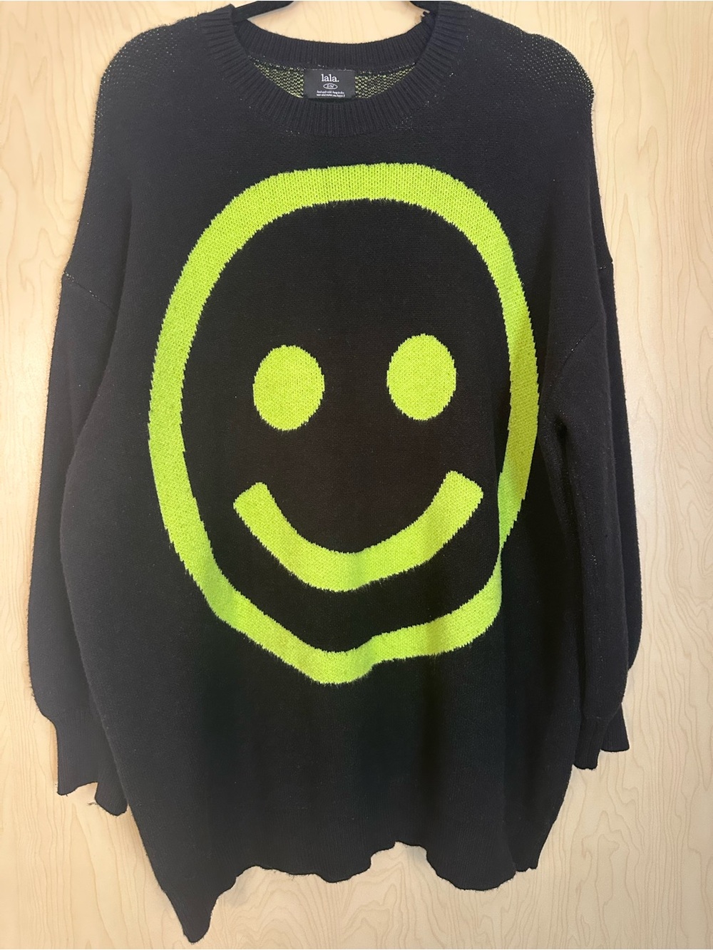 Dressed in LALA Sweater with Neon Green Slogan on Back and Smiley Face Front - Picture 5 of 9